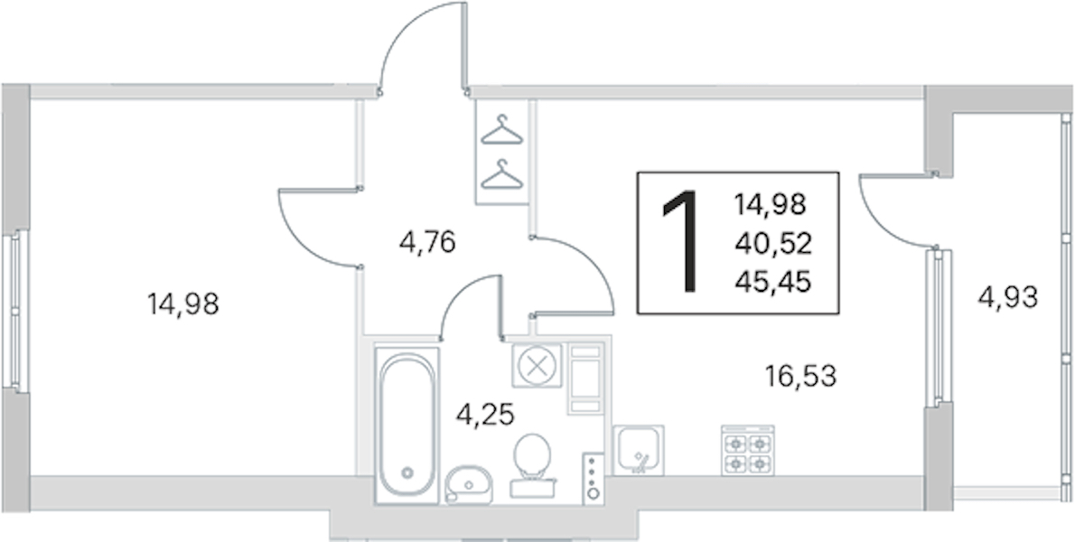 1-комнатная квартира 40.52 м², 4/4 эт., ЖК «Любоград в Стрельне»